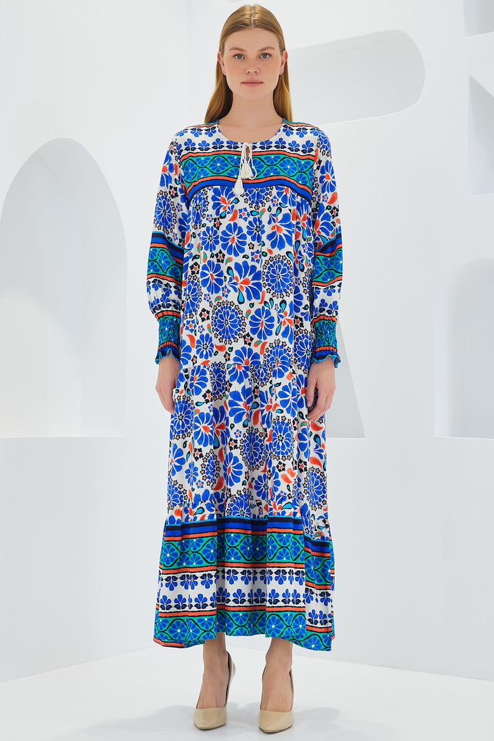 BGD Women Woman Saks Blue Patterned Long Viscose Dress 1947 - Avondale