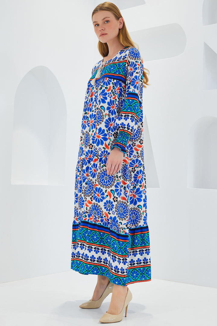 BGD Women Woman Saks Blue Patterned Long Viscose Dress 1947 - Avondale