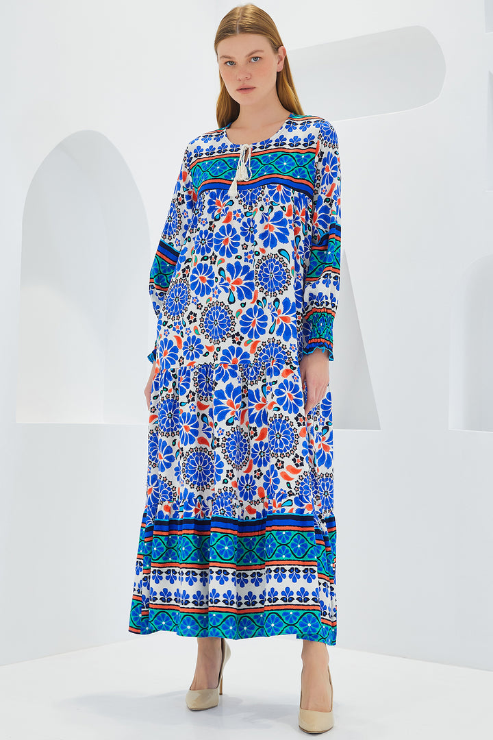 BGD Women Woman Saks Blue Patterned Long Viscose Dress 1947 - Avondale