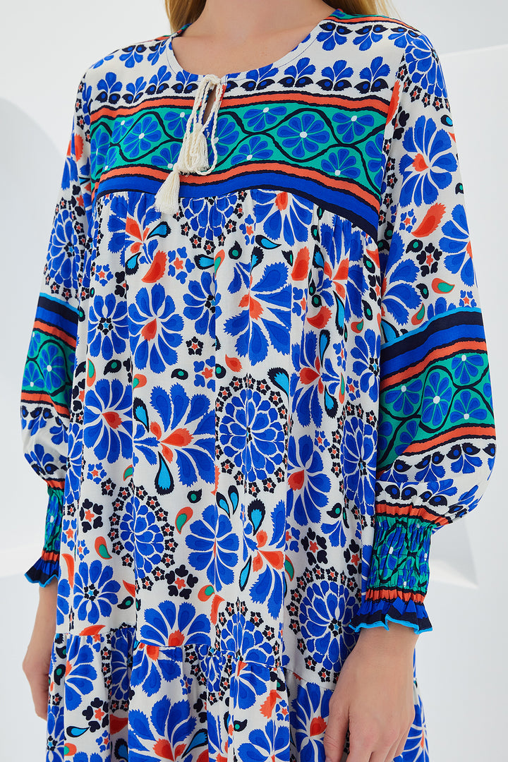 BGD Women Woman Saks Blue Patterned Long Viscose Dress 1947 - Avondale