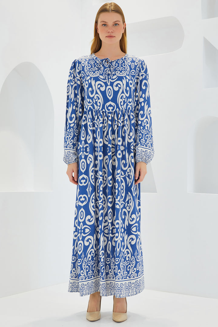 BGD Women Woman Indigo Ecru Patterned Long Viscose Dress 1947 - Avondale