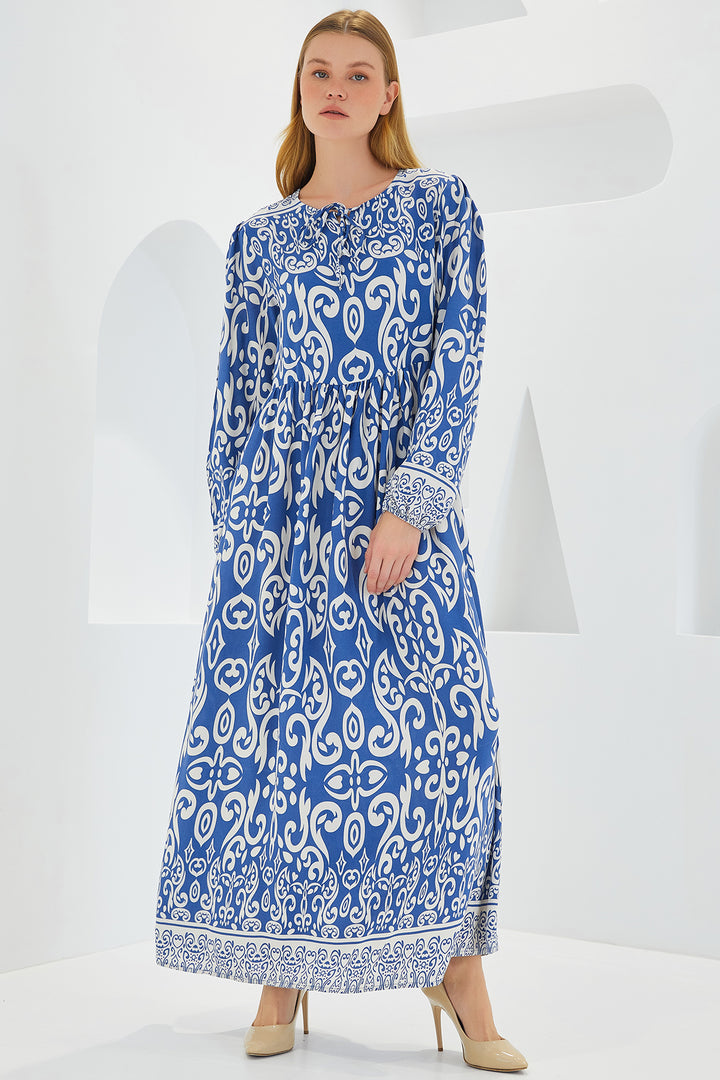 BGD Women Woman Indigo Ecru Patterned Long Viscose Dress 1947 - Avondale