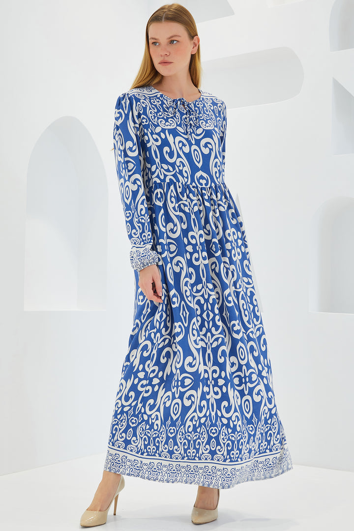 BGD Women Woman Indigo Ecru Patterned Long Viscose Dress 1947 - Avondale