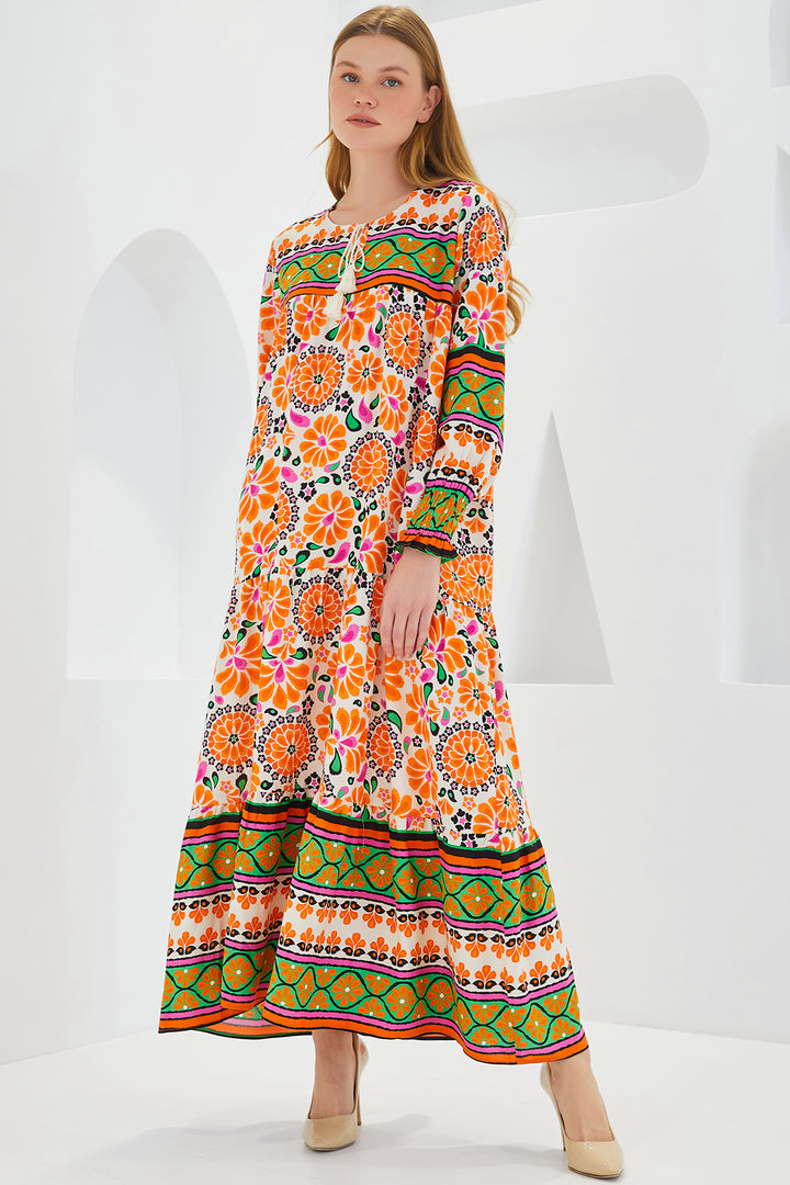 BGD Women Woman Orange Green Patterned Long Viscose Dress 1947 - Avondale