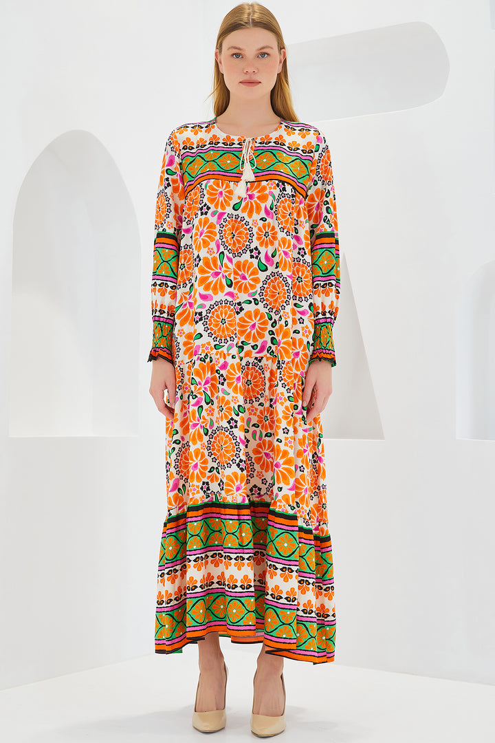 BGD Women Woman Orange Green Patterned Long Viscose Dress 1947 - Avondale