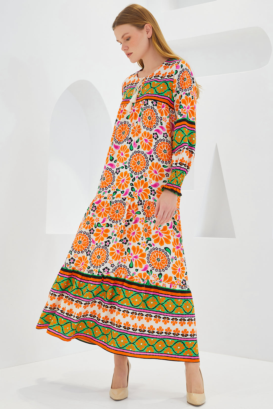BGD Women Woman Orange Green Patterned Long Viscose Dress 1947 - Avondale