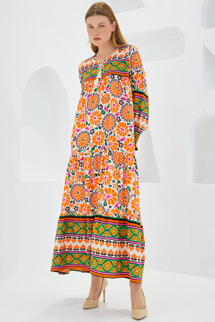 BGD Women Woman Orange Green Patterned Long Viscose Dress 1947 - Avondale