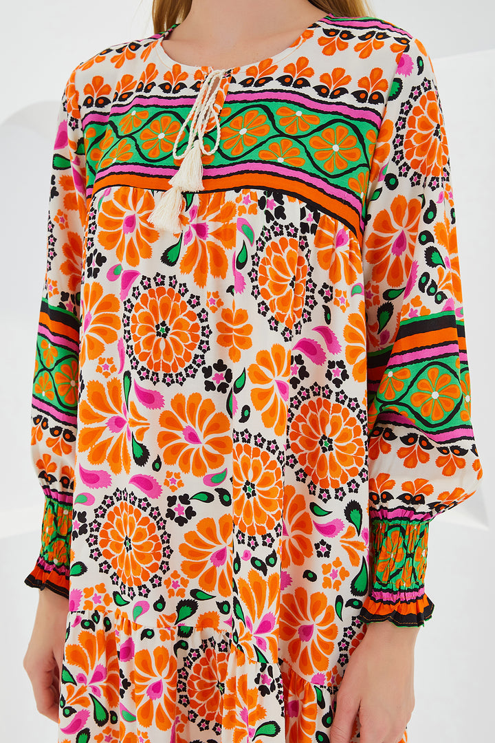BGD Women Woman Orange Green Patterned Long Viscose Dress 1947 - Avondale