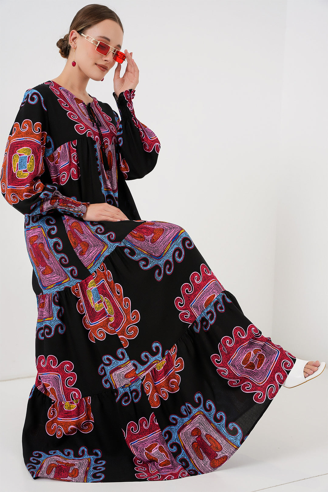 BGD Women Patterned Long Dress - M. Red - Corby