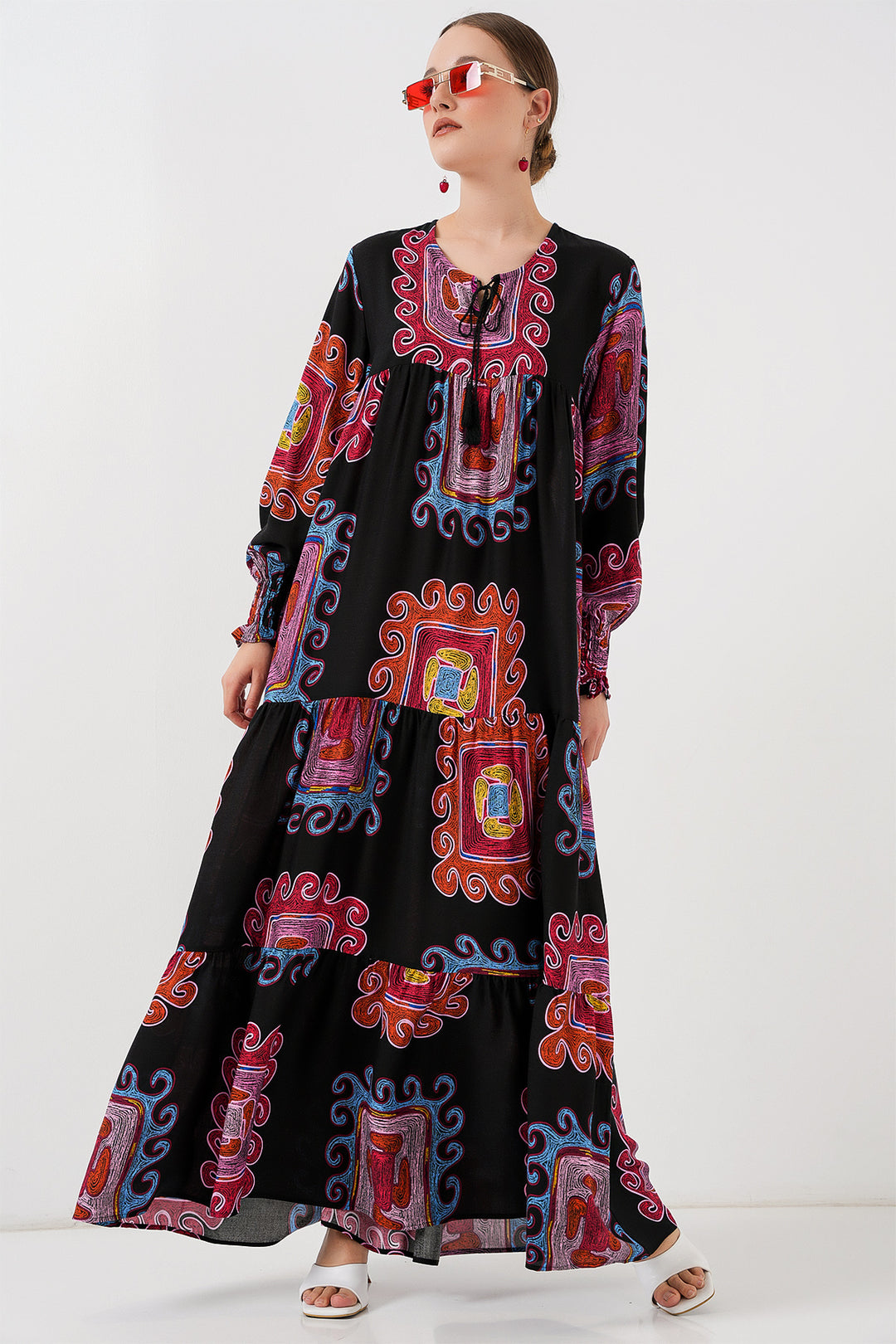 BGD Women Patterned Long Dress - M. Red - Corby
