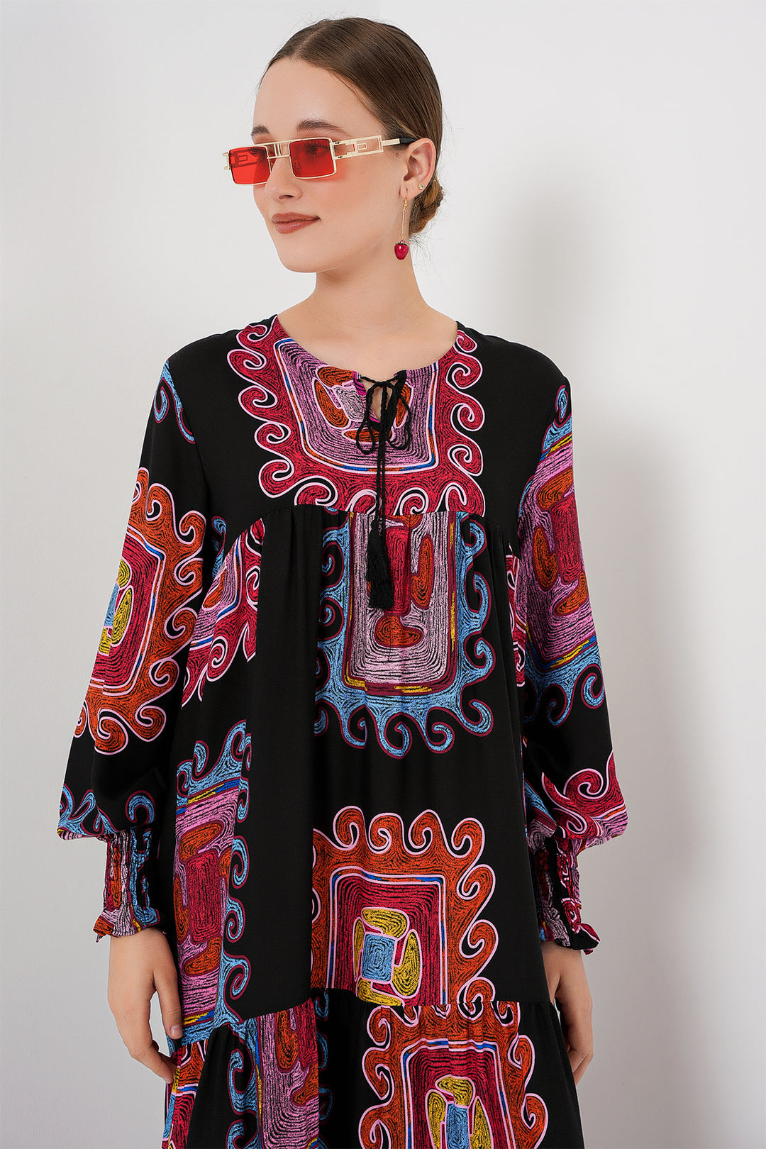 BGD Women Patterned Long Dress - M. Red - Corby