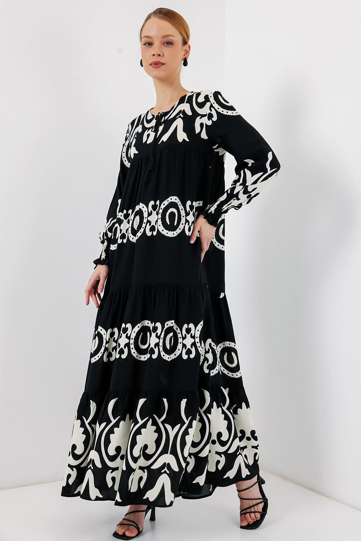 BGD Women Patterned Long Dress - Black - Katwijk