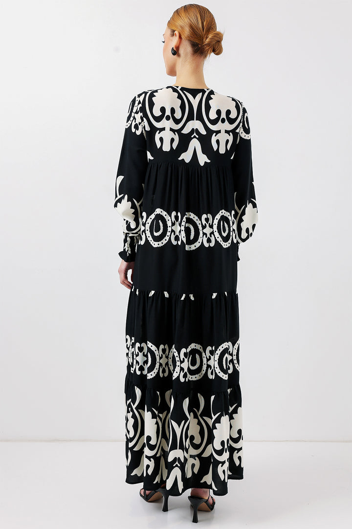 BGD Women Patterned Long Dress - Black - Katwijk