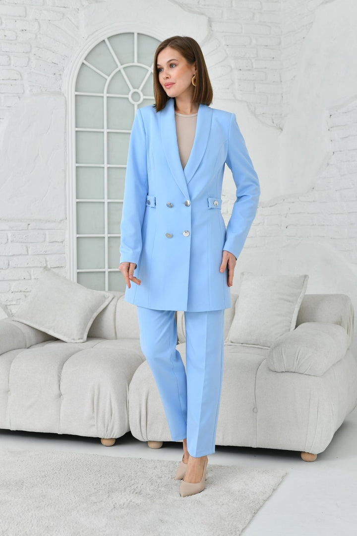 NDL Women Women's Suit with Half Belt Button Accessory Baby Blue - Oraiókastro