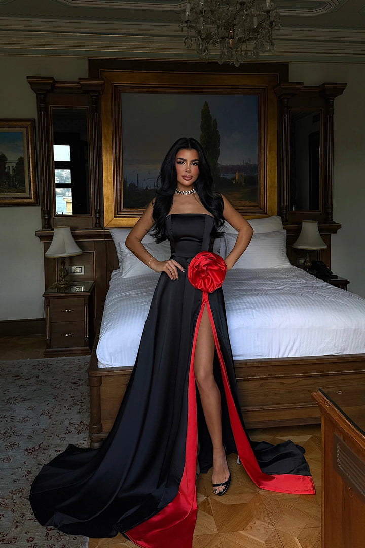 EYY Women Black Roseline Evening Dress with Rose Detail and Slit - Châtelet