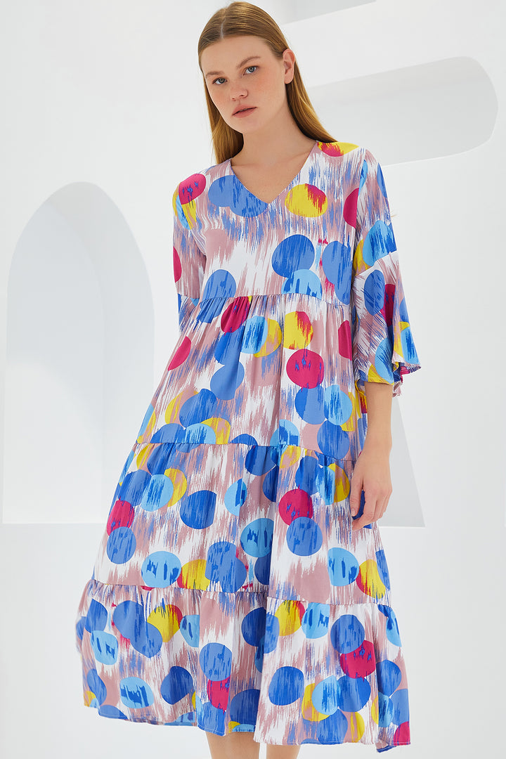 BGD Women Woman Blue Red Patterned Short Sleeve Viscose Dress 1959 - Avondale