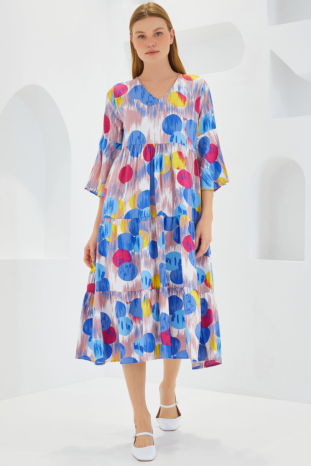 BGD Women Woman Blue Red Patterned Short Sleeve Viscose Dress 1959 - Avondale