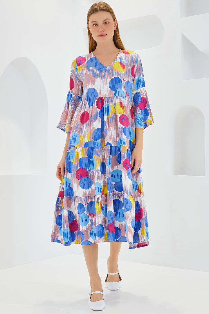 BGD Women Woman Blue Red Patterned Short Sleeve Viscose Dress 1959 - Avondale