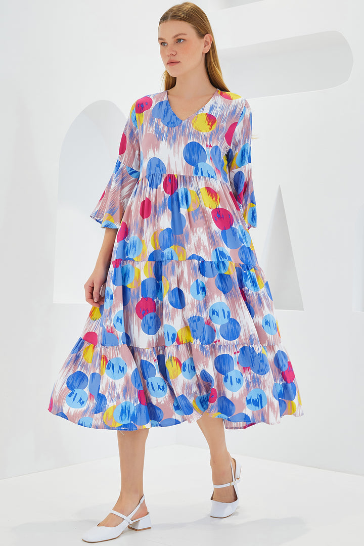 BGD Women Woman Blue Red Patterned Short Sleeve Viscose Dress 1959 - Avondale