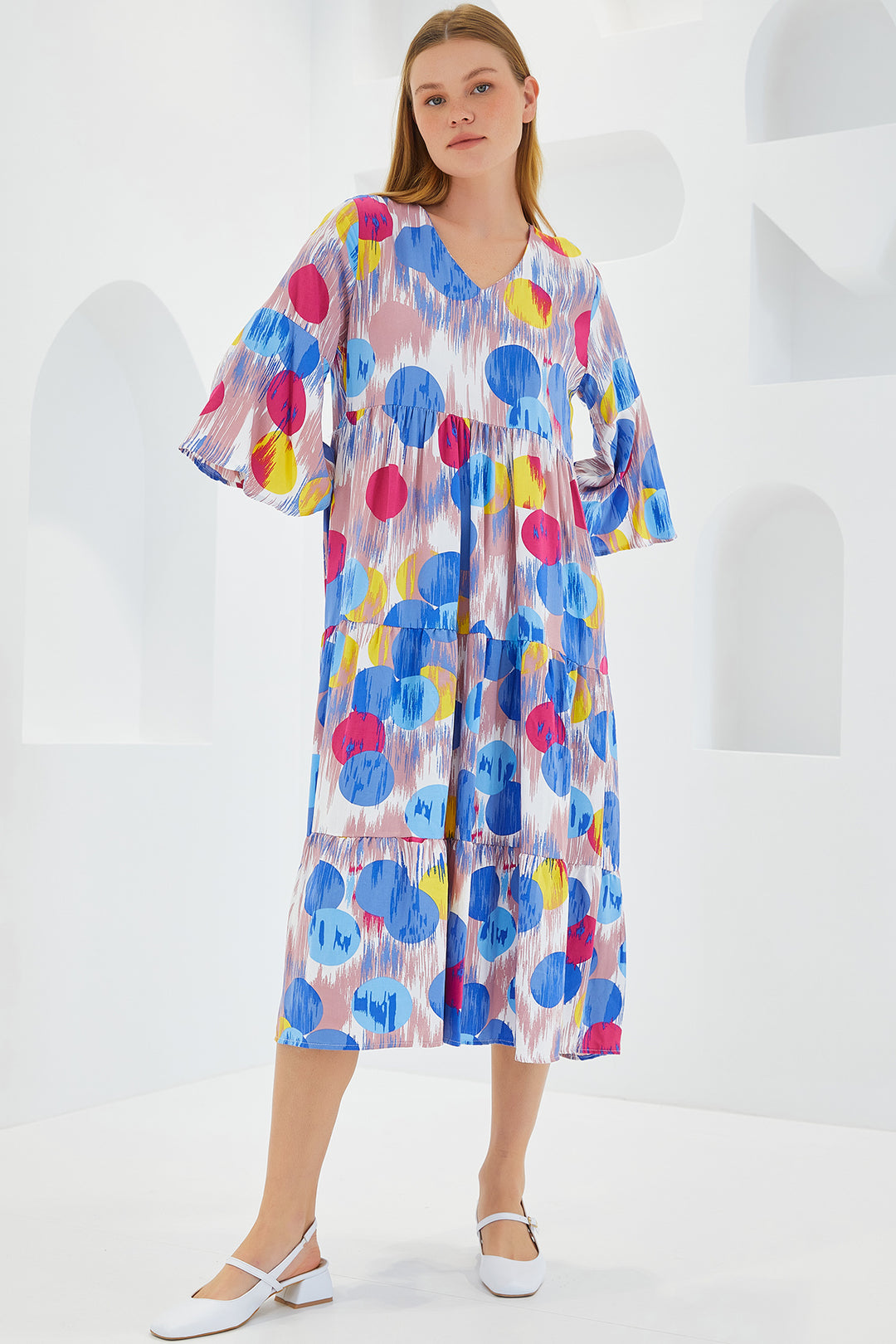 BGD Women Woman Blue Red Patterned Short Sleeve Viscose Dress 1959 - Avondale