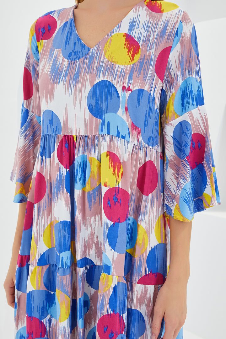 BGD Women Woman Blue Red Patterned Short Sleeve Viscose Dress 1959 - Avondale