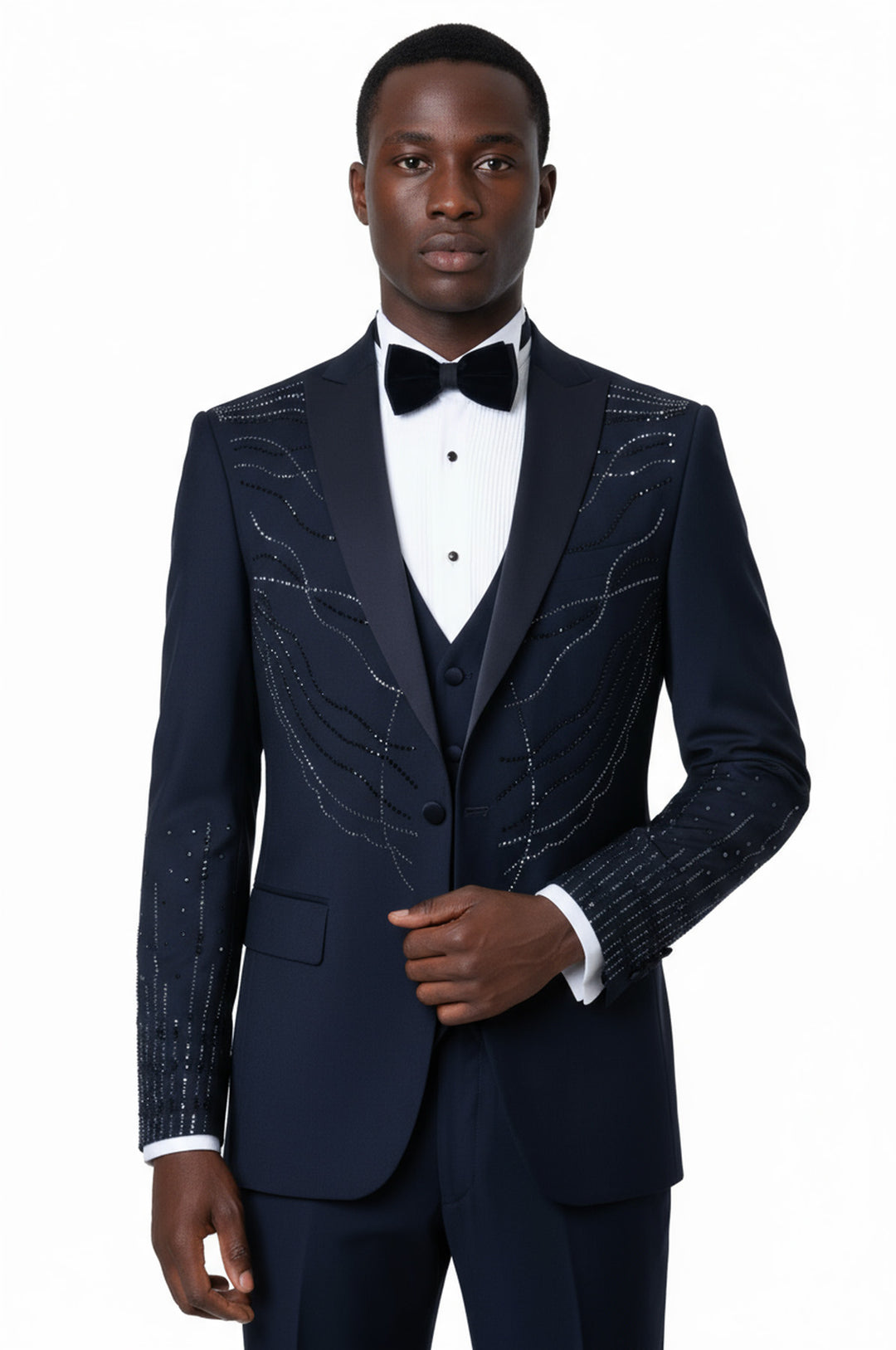Rili25 - Navy Rhinestone Embellished 3-Piece Tuxedo – Barcelona