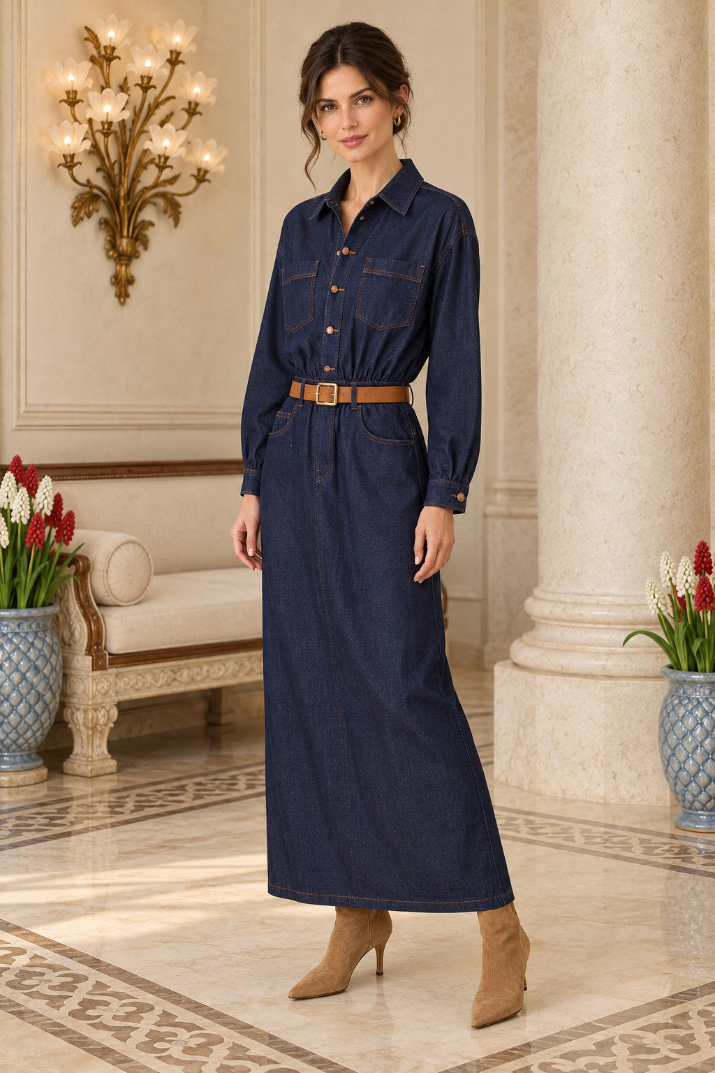 XLJ Belted Shirt Draped Denim Dress 3101 - Alexandria