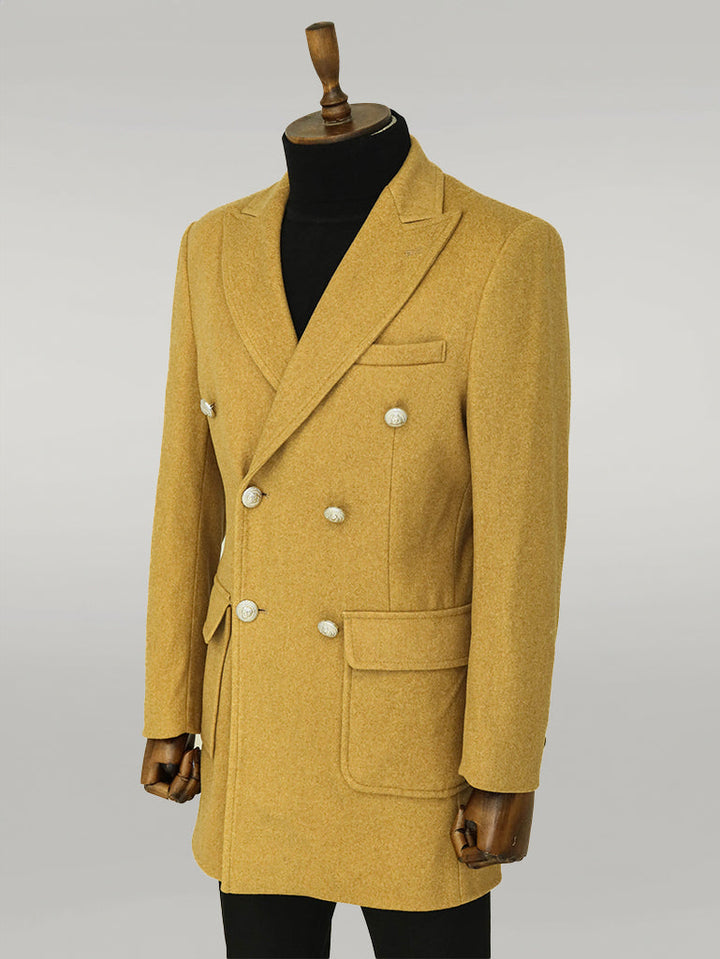 WSS Metal Buttons Wool Cashmere Tan Men Double Breasted Coat  - Singen