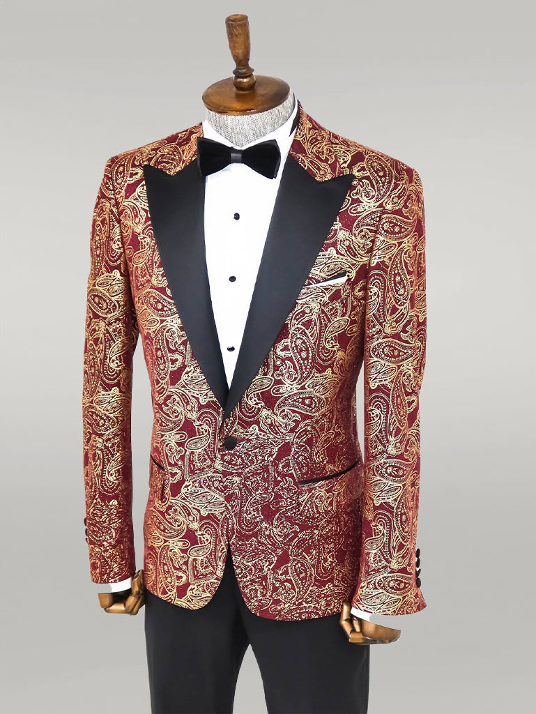 WSS Paisley Peak Lapel Burgundy Men Prom Blazer  - Singen