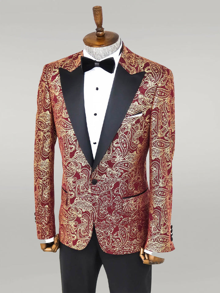 WSS Paisley Peak Lapel Burgundy Men Prom Blazer  - Singen