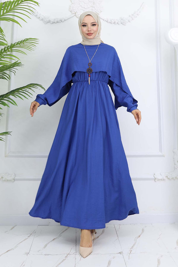 BNG Women Yaka Detaylı Kolyeli Elbise Saks Mavisi 4809 - Ovar