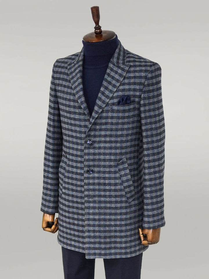 WSS Cachet Plaid Wide Lapel Slim Fit Navy Blue Men Coat  - Singen