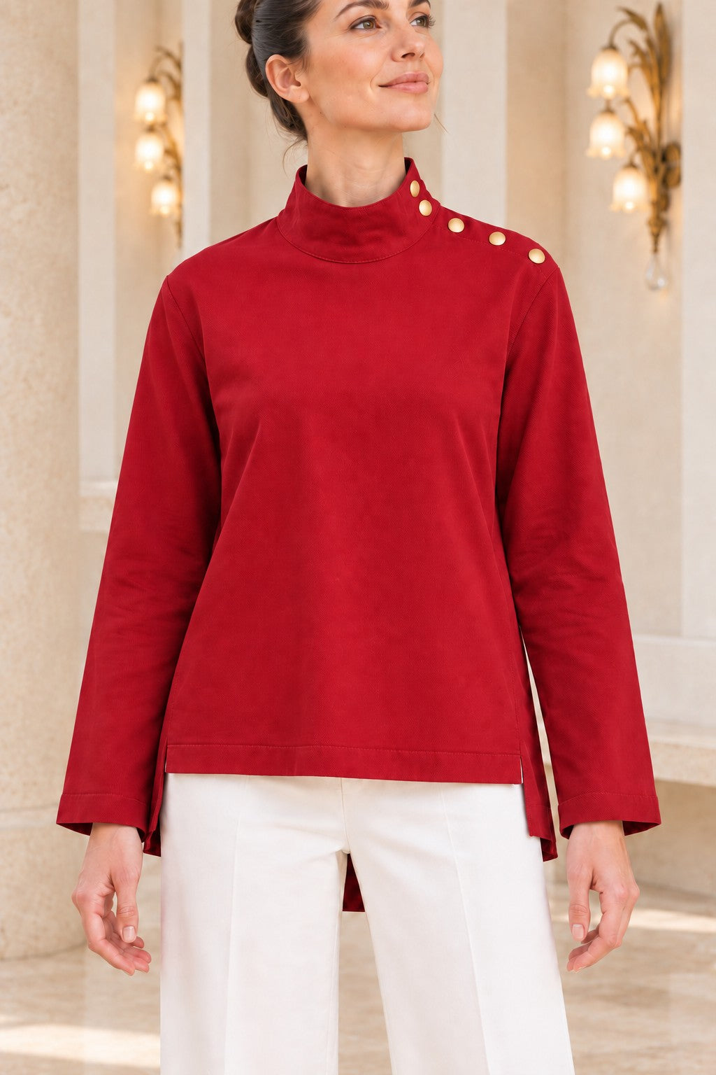 XLJ High-Neck Blouse with Snap Buttons on the Shoulder 441 - Apple Valley
