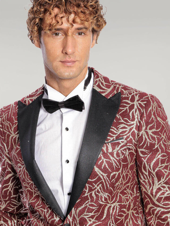 WSS Sparkling Ivy Patterned Slim Fit Burgundy Men Prom Blazer  - Singen