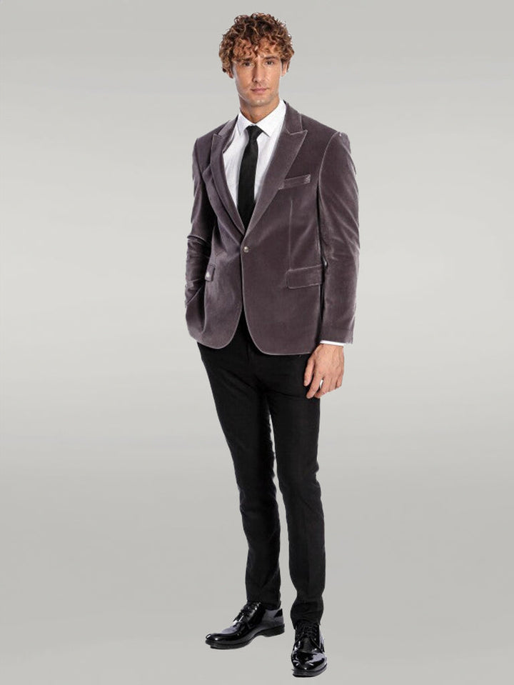 WSS Wide Peak Lapel Single Button Velvet Grey Men Blazer  - Singen