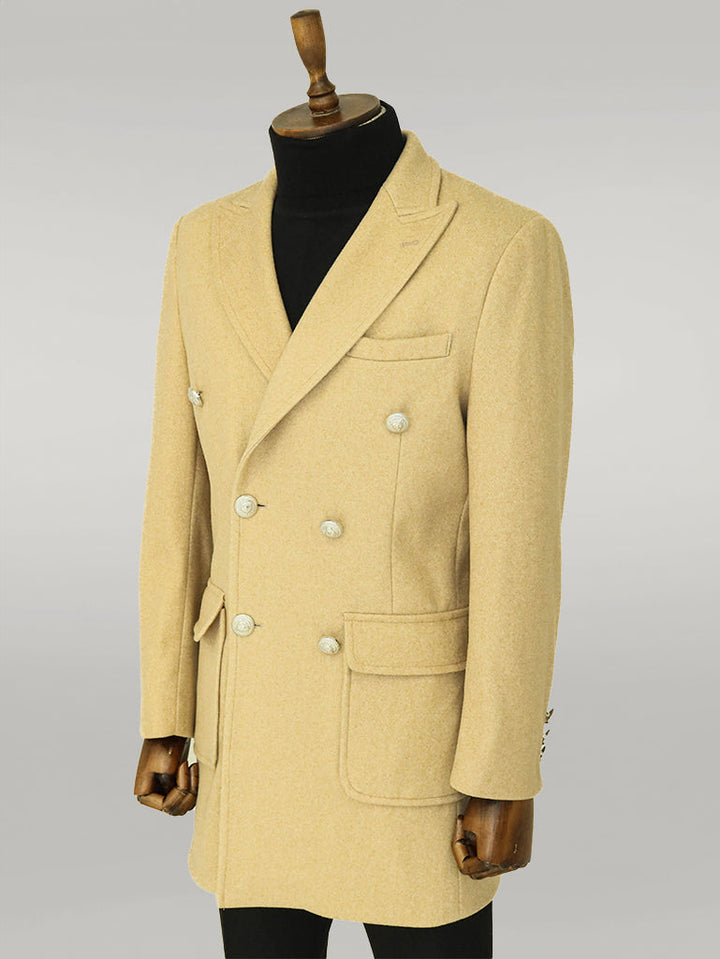 WSS Metal Buttons Wool Cashmere Beige Men Double Breasted Coat  - Singen