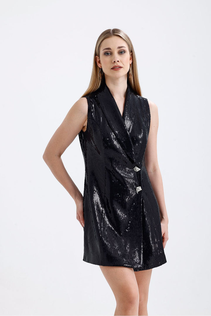 SNS Sense Black Lined Pulpayet Jacket Collared Double-Breasted Evening Jacket Dress - Costa Mesa