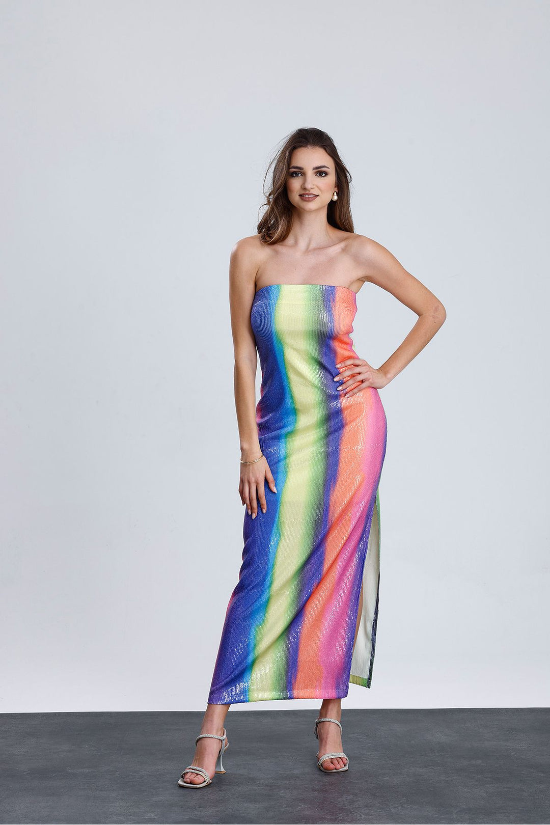 SNS Sense Rainbow Lined Strapless Evening Sequin Dress - Newport