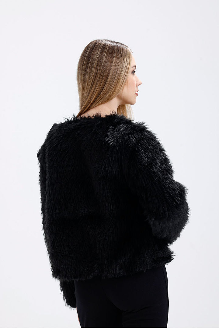 SNS Sense Black Gardenia Detailed Faux Fur Evening Jacket - Gulfport