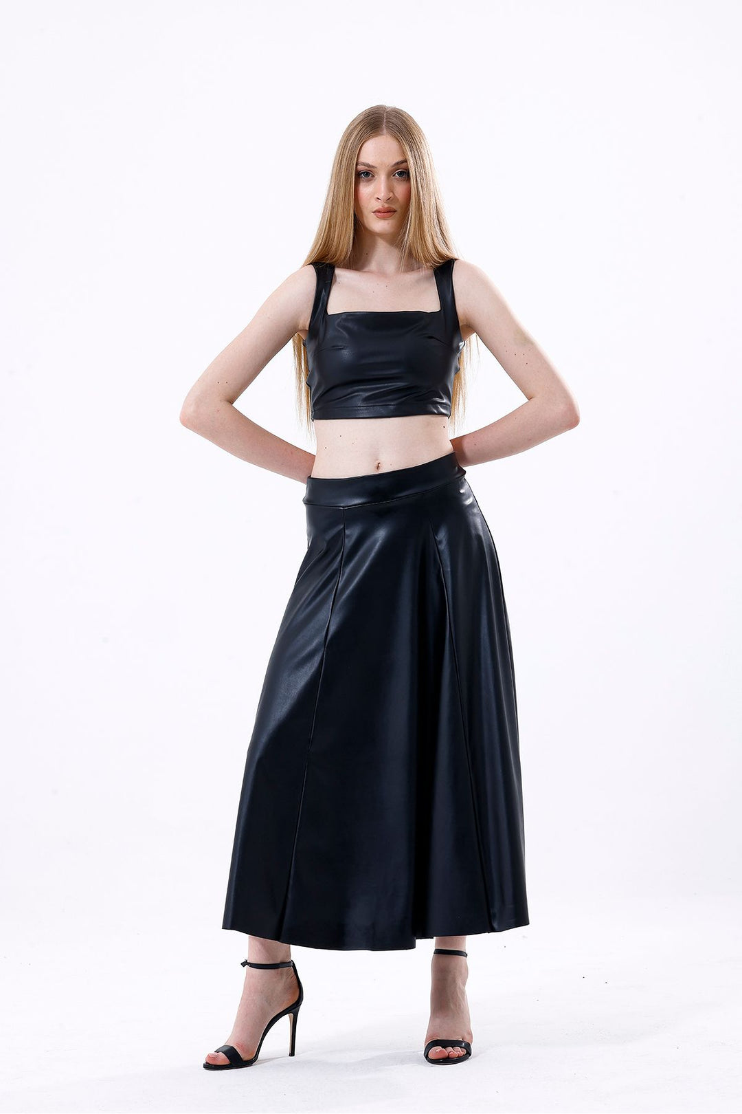 SNS Sense Black Wide Belted Faux Leather Flared Skirt - Exeter