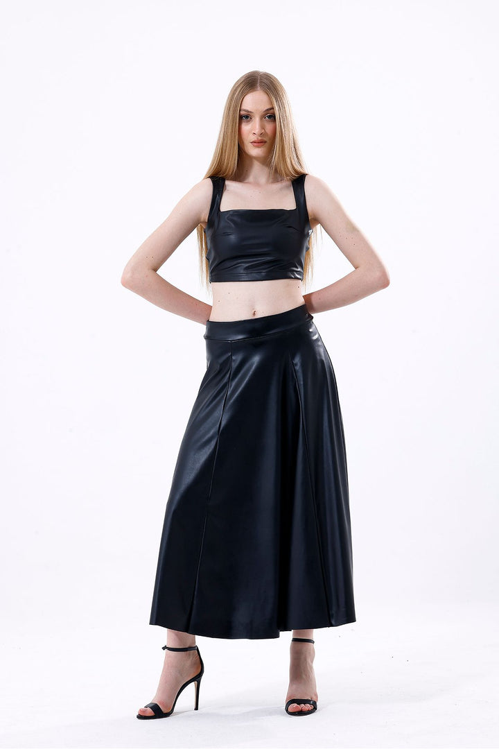 SNS Sense Black Wide Belted Faux Leather Flared Skirt - Exeter