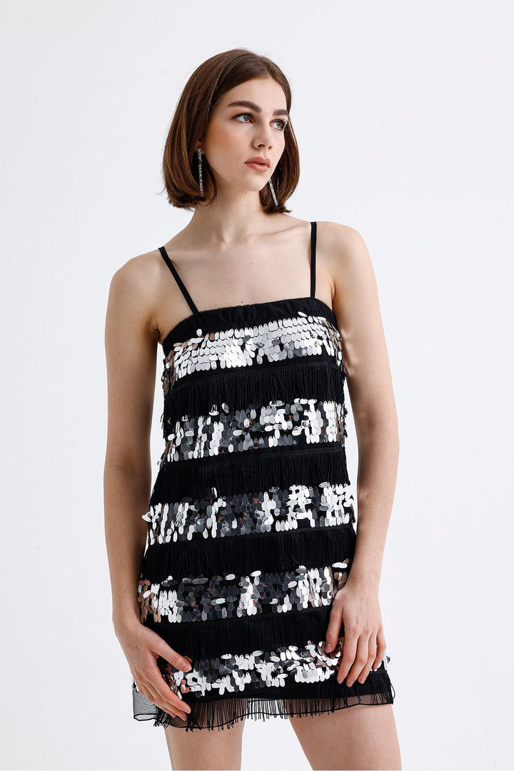 SNS Sense Black Lined Sequined Strappy Evening Dress - Pátzcuaro