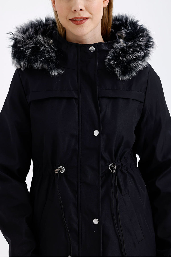 SNS Sense Black-Beige Fur Hooded Belted Elastic Cuffed Pocketed Snap Fastened Coat - Addison