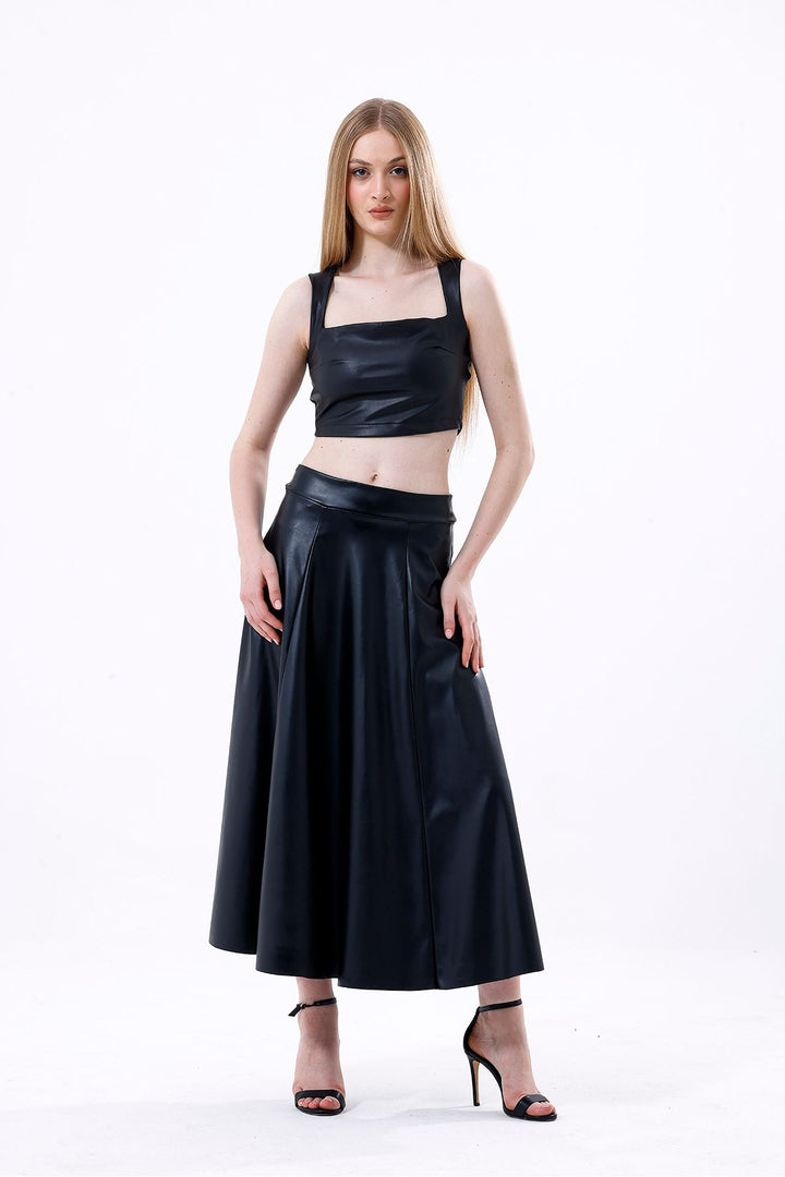 SNS Sense Black Wide Belted Faux Leather Flared Skirt - Exeter