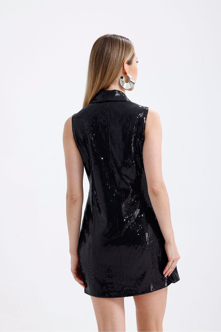 SNS Sense Black Lined Pulpayet Jacket Collared Double-Breasted Evening Jacket Dress - Costa Mesa