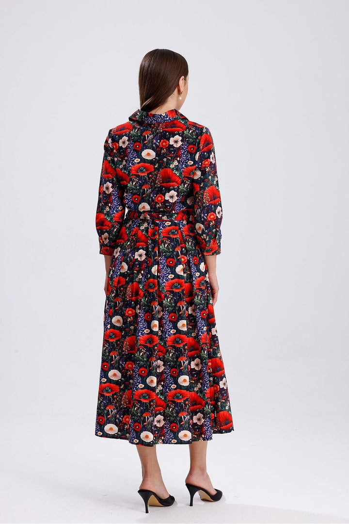 SNS Sense Flower Patterned Side Pocketed Belted Front Buttoned Long Dress - Lake Havasu City