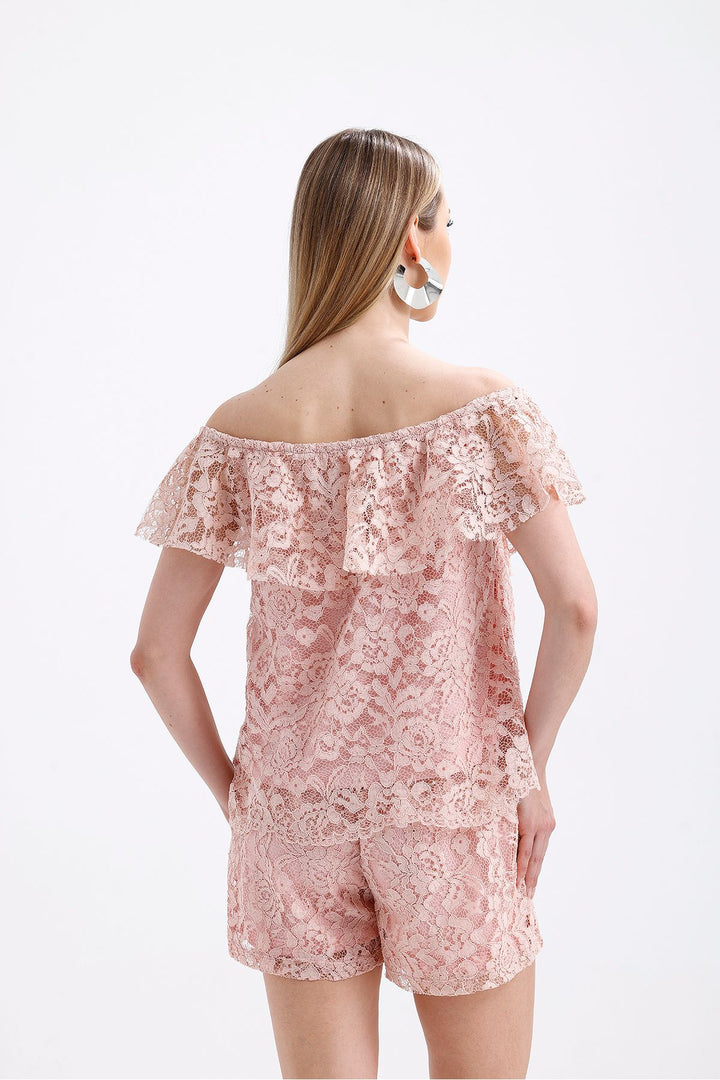 SNS Sense Powder Ruffle Detailed Lined Lace Blouse - Unna