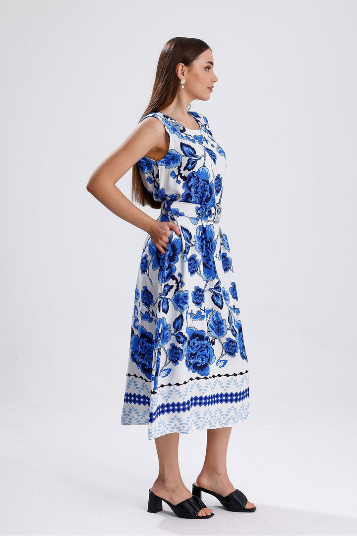 SNS Sense Blue Patterned Belted Collar Back Buttoned Sleeveless Woven Viscose Dress - Siegburg
