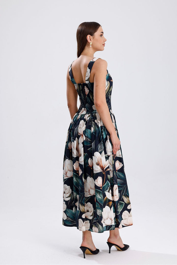 SNS White Flower Patterned Waist Belted Front Buttoned Flower Patterned Long Dress - Fuquay-Varina