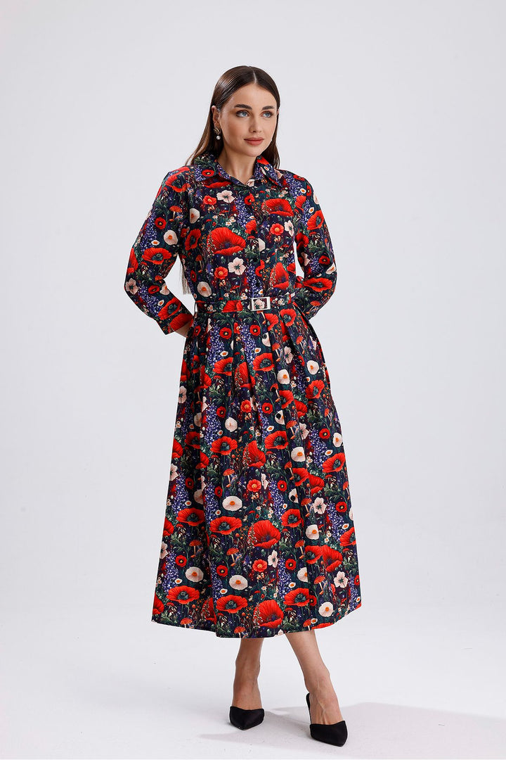 SNS Sense Flower Patterned Side Pocketed Belted Front Buttoned Long Dress - Lake Havasu City